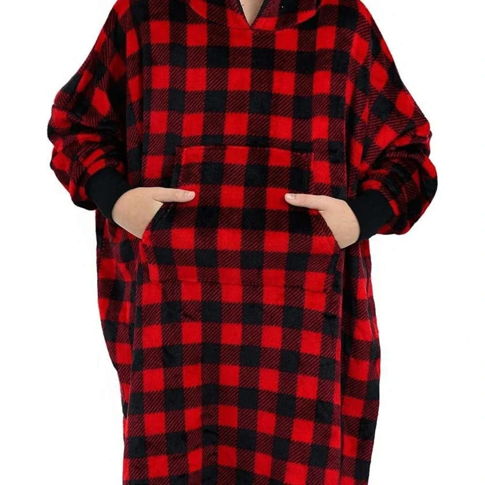 Sleep On It Wearable Blanket Hoodie Kids XS/S Red‎ Buffalo Plaid Sherpa Fleece
